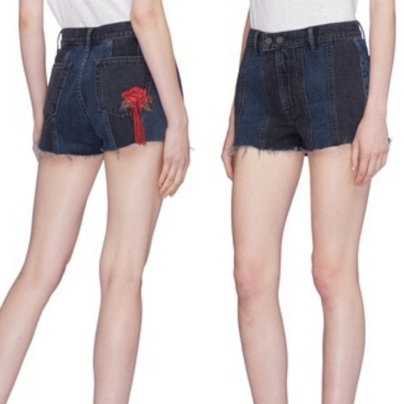 GRLFRND'CINDY' ROSE EMBROIDERED PANELLED DENIM SHORTS - Picture 1 of 16